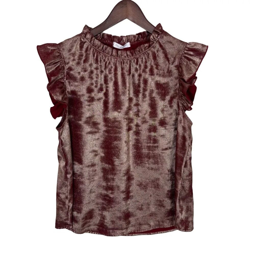 NWT Ces Femme Burgundy Glitter Ruffle Sleeve Blouse Top Women's Medium